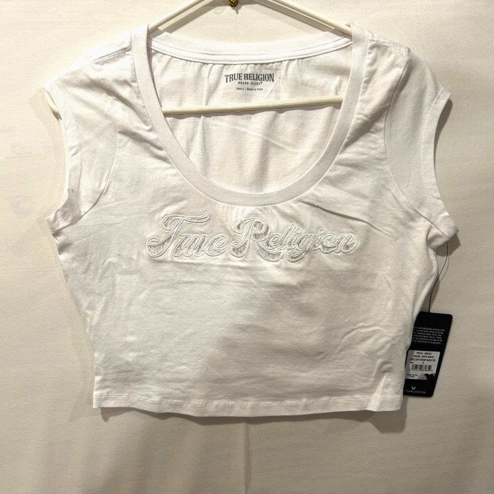 TRUE RELIGION Women’s Crop Color: White w/lace lettering Size: S NWT